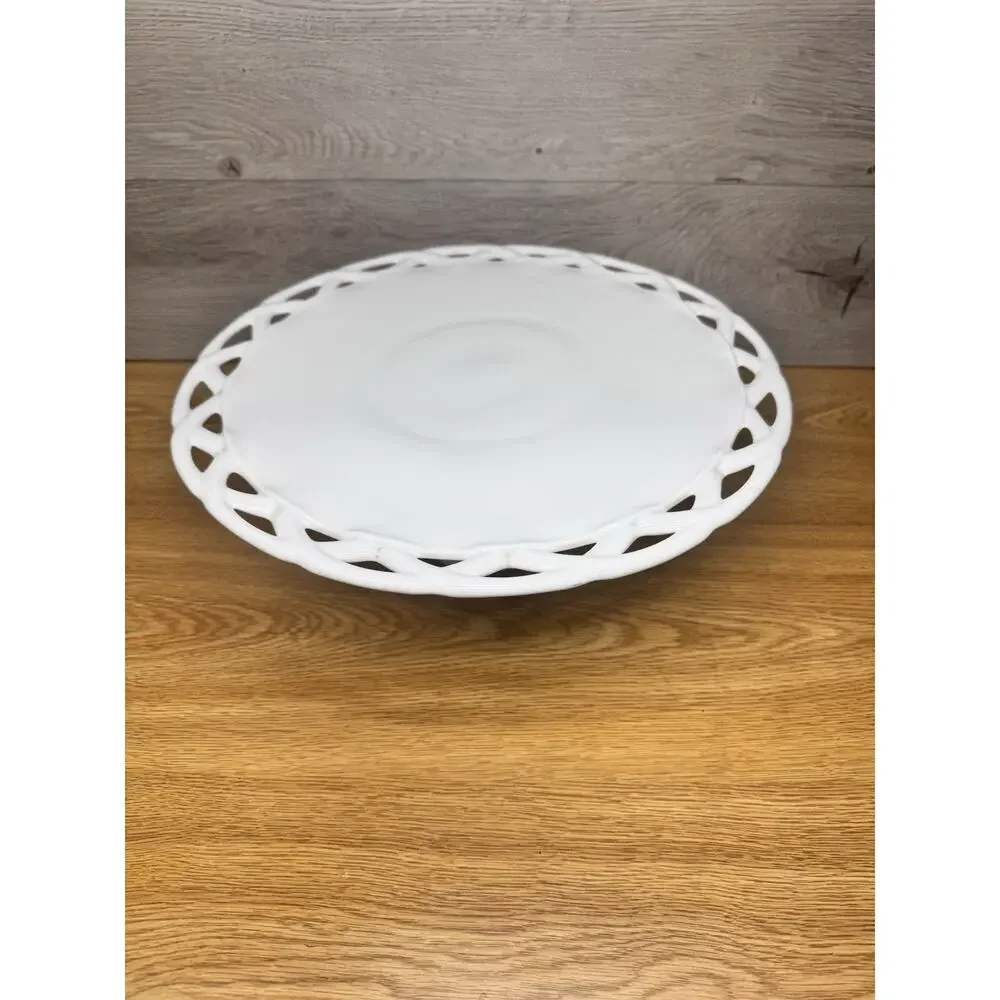 Large Colony Milk Glass Footed Cake Stand with Open Lace Edge 13-5/8” Diameter